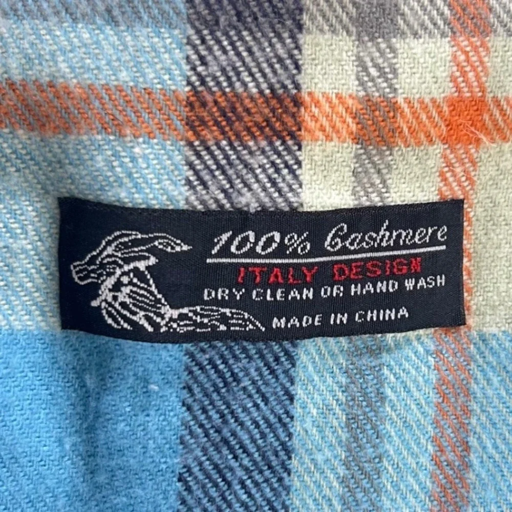 Vintage Preppy Plaid Scarf OS 100% Cashmere Heritage Classic Blue Orange